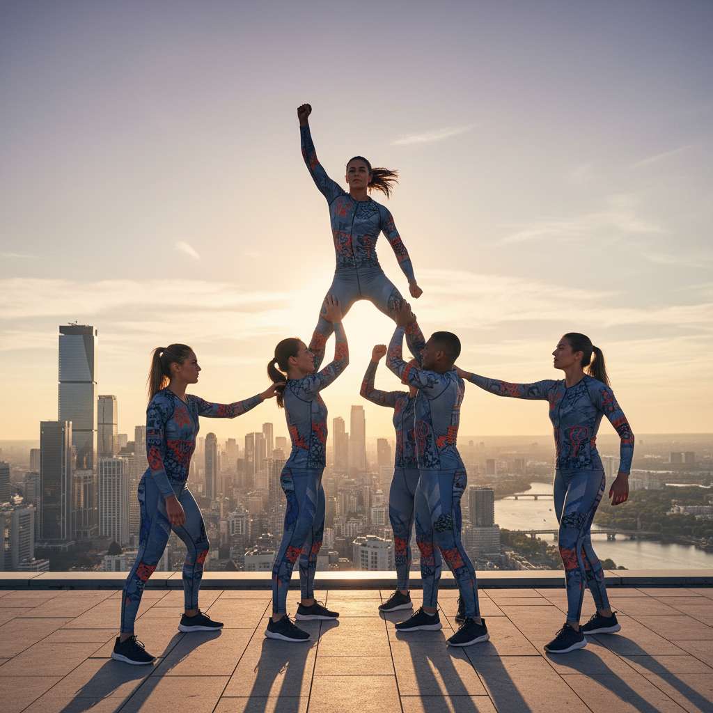 A group of athletes
          in a Berlin cityscape at sunrise preparing for a race