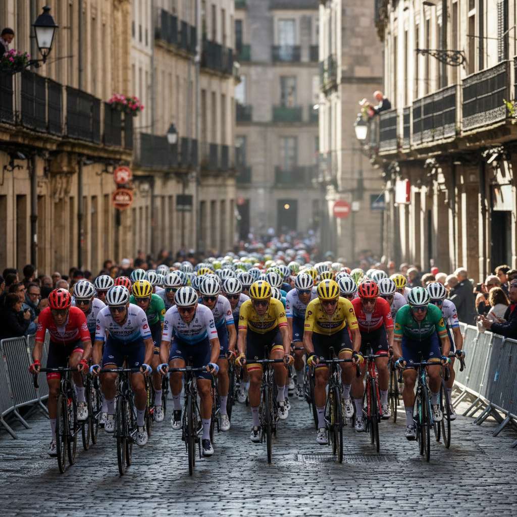Cyclists racing
              through a city street during an urban cycling event