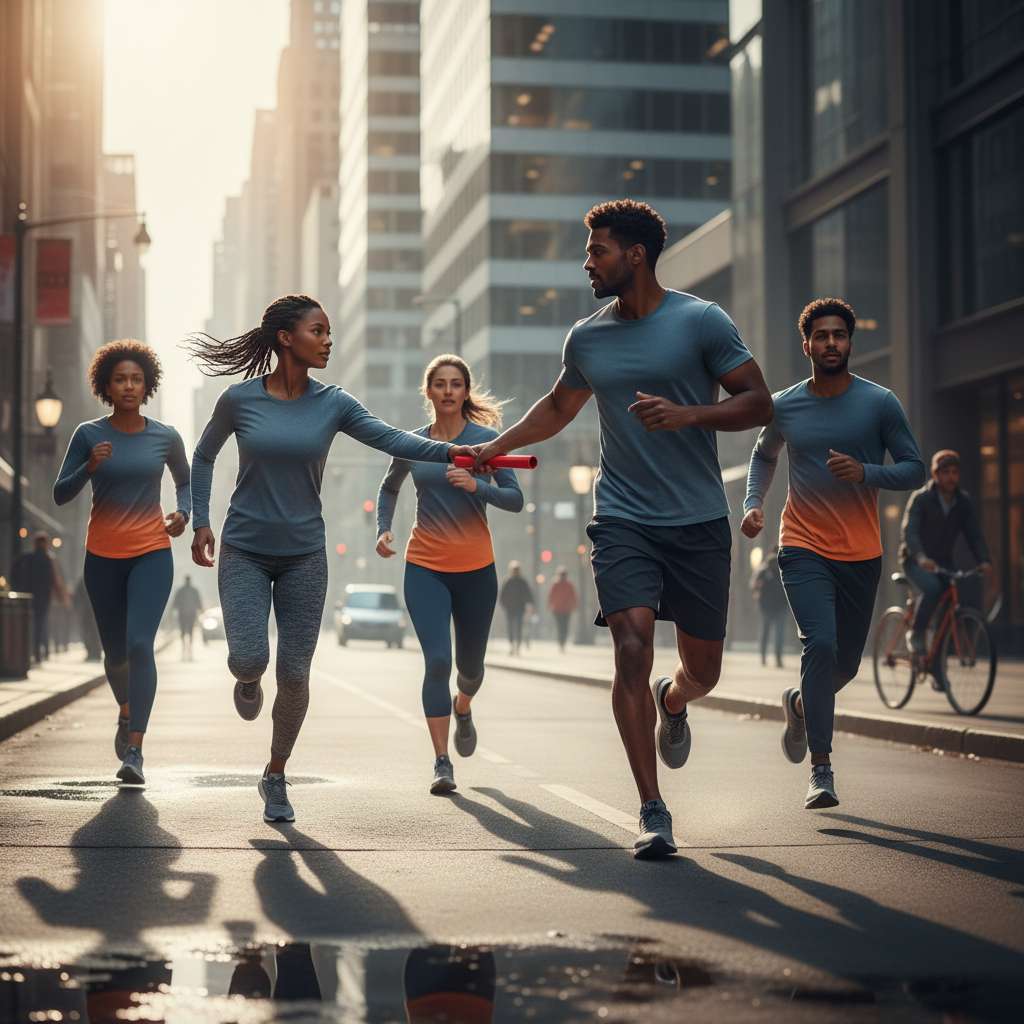 Team in a city running
              relay