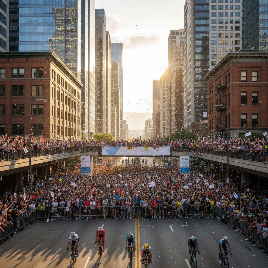 Crowd cheering at
              a major city sports event