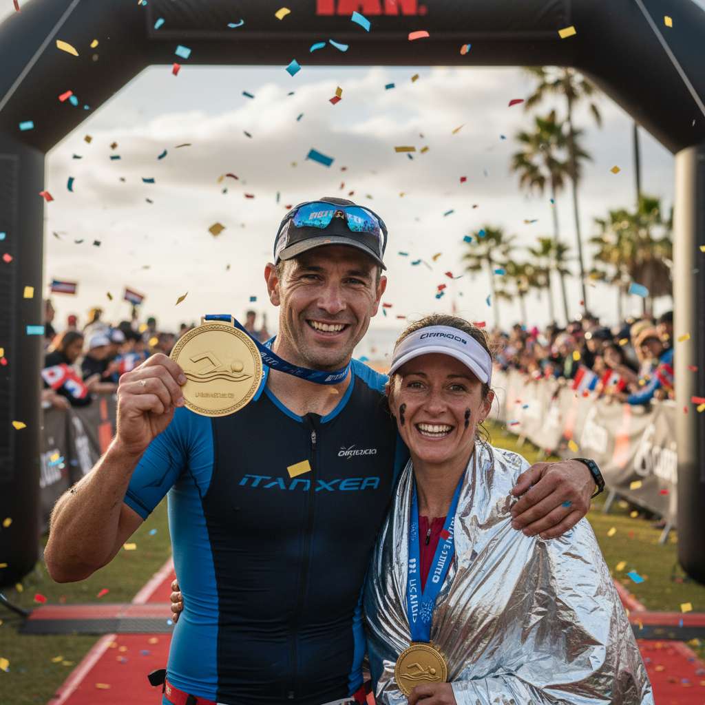 Triathlon
              participants celebrating with medals 2023