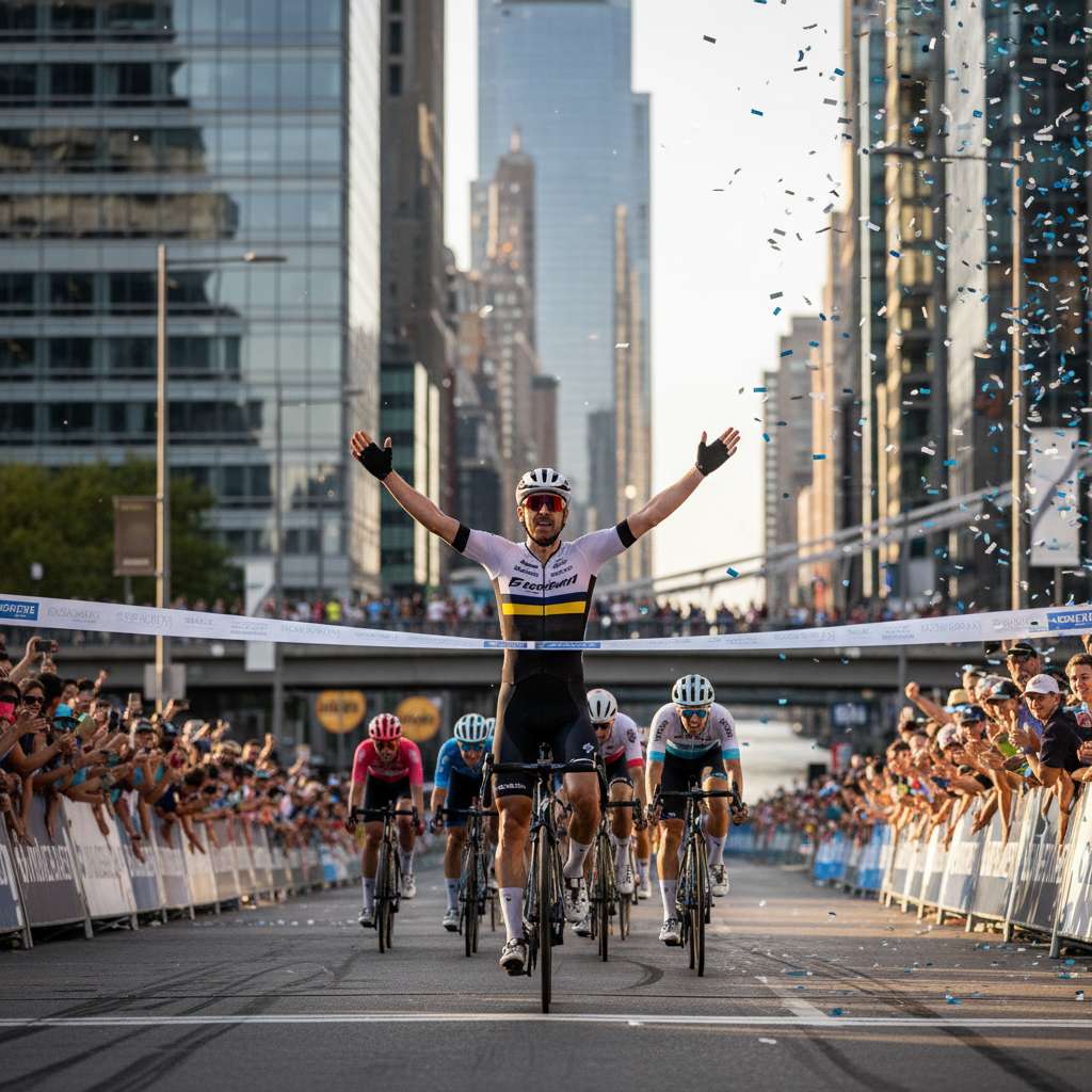 Cyclists
              finishing an urban city race 2023